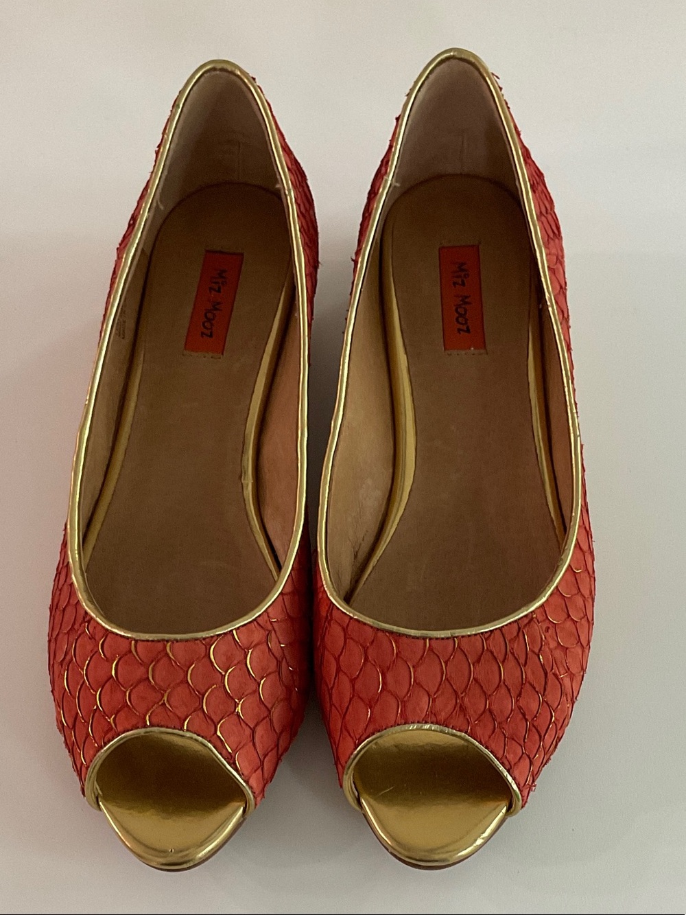 Miz Mooz Coral-Red Peep-Toe Flats with Gold Trim